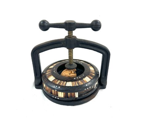 Vintage cast iron screw nut cracker, inlaid, total height approximately 7 inches tall 