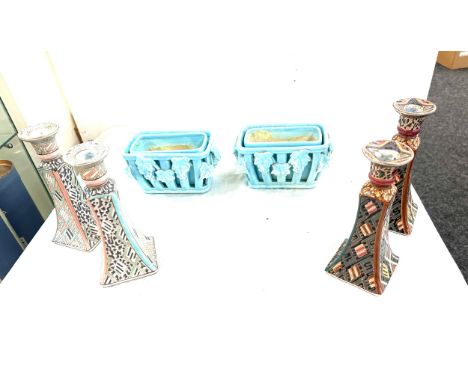 Pair of vintage glazed Casasus planters and 2 sets of glazed candle sticks 