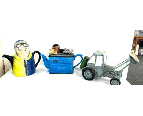 Selection of novelty tea pots includes swinside ceramics tea pot, james herriots tractor fergie tea pot a0175, tony woods joc