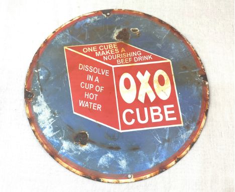 Enamel round Oxo cube advertising sign, approximate diameter 12 inches 