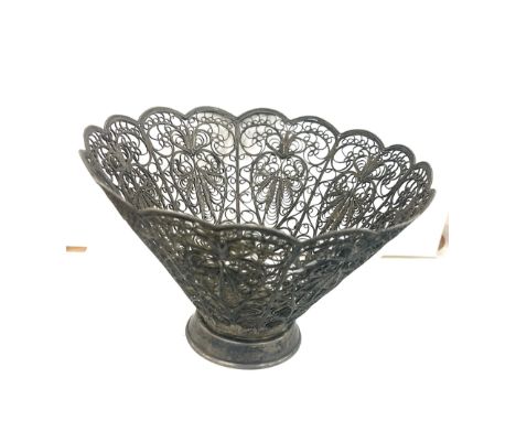 Vintage white metal Filigree bowl, marks to base 4 inches tall diameter 6.5 inches 