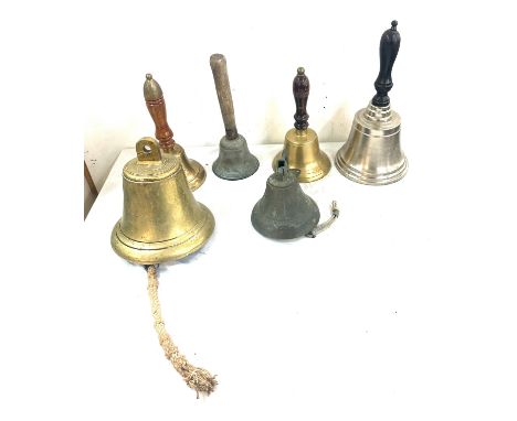 Selection of vintage and later bells includes school bell, brass bell etc 
