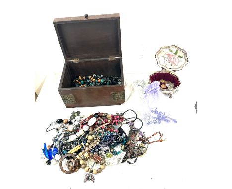 Selection of vintage and alter costume jewellery to include a metal and wooden jewellery box 