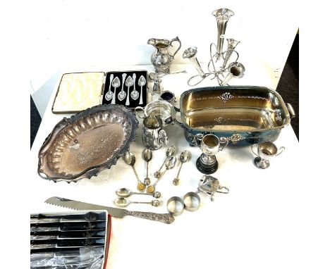 Silver plated epergne, silver handles bread knife and other plated items 