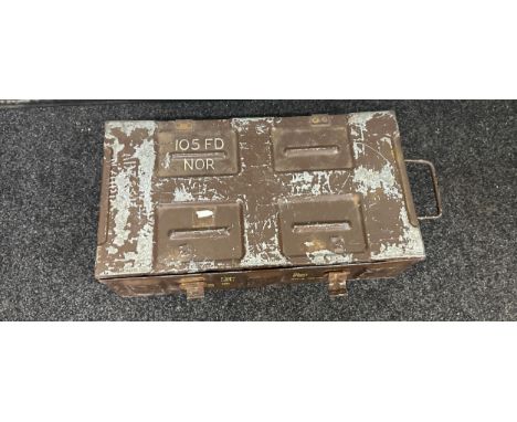 Vintage metal ammunition box, approximate measurements height 8 inches, length 25.5 inches, depth 13.5 inches 