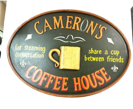 Vintage advertising Camerons coffee house sign, measures approximately 27inches by 19 inches 