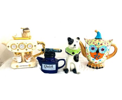 Selection of novelty tea pots includes ceramic inspirations espresso teapot, quick brew tea pot, Tony wood tea pot,  art owl 