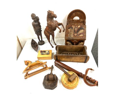 Selection of vintage and later wooden items includes leather horse, gavels, trunchen etc 