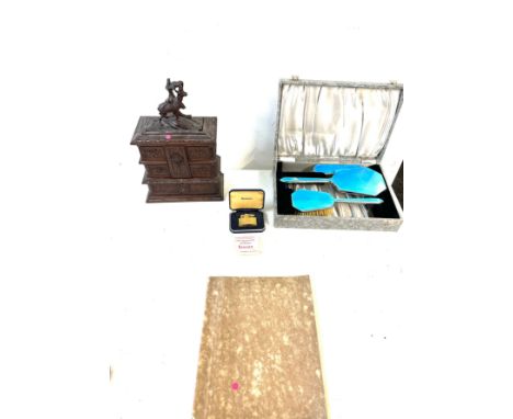 Selection of collectable items includes Carved lockable opening jewellery box, brush set, ronson lighter etc 