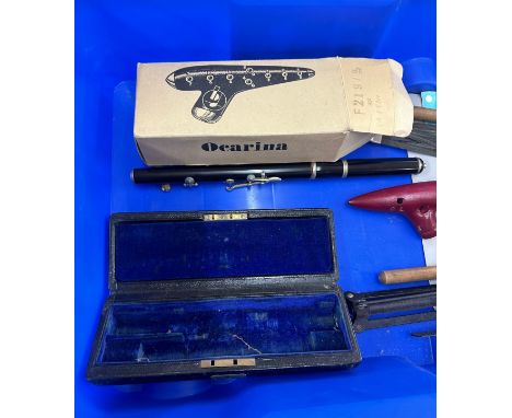 Selection of vintage and later musical equipment/ instruments includes flute, music stand etc 