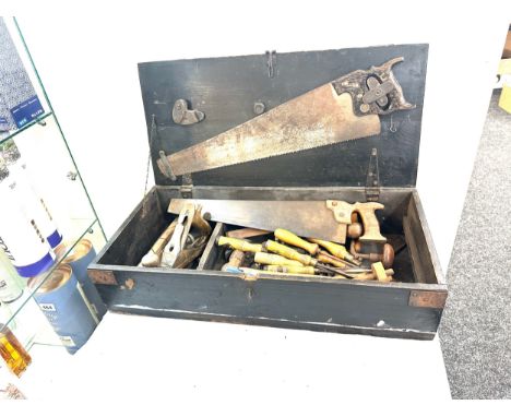 Vintage wooden tool box and a selection of assorted tools 