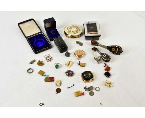 A small quantity of costume jewellery including a ladies Elgin gold-plated fob watch, ameyst style brooch, Art Deco lozenge s