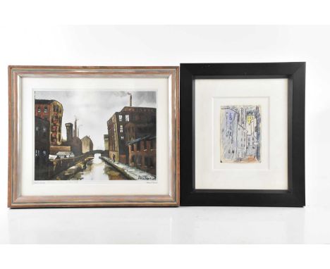 † WILLIAM RALPH TURNER; pencil sketch, street scene, signed verso, 13 x 9cm, and a pencil signed print, 'Canal in Ancoats', 2