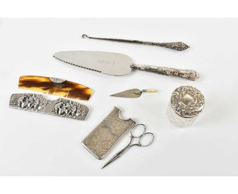 WILLIAM J HOLMES; a hallmarked silver floral decorated scissor case, inscribed 'A.P to R.W', with a hallmarked silver novelty