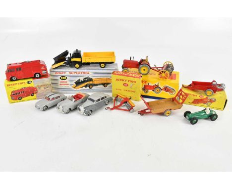 DINKY TOYS; a small collection of diecast model vehicles including farm tractor and hay rake, snow plough, Massey-Harris manu