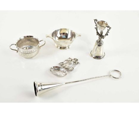 WILLIAM BERT &amp; CO (probably); a George V Britannia hallmarked silver twin handled miniature porringer with gadrooned deco