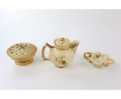 ROYAL WORCESTER; a blush ivory potpourri bowl and cover, shape G71, diameter, 15cm, with a teapot and cover decorated with fl