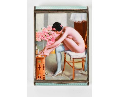 A circa 1920 Austrian silver and enamelled risqué cigarette case, the hinged lid decorated with a nude female leaning forward