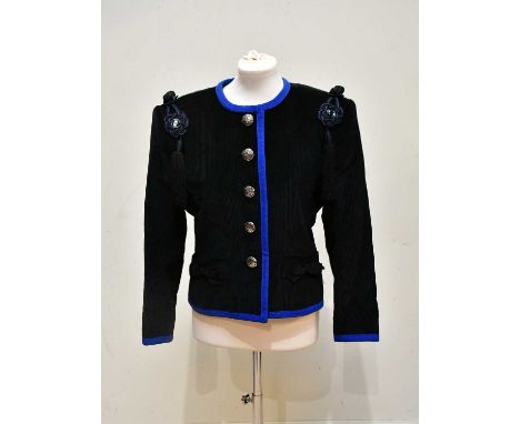 SAINT LAURENT RIVE GAUCHE; a circa 1987 vintage Ballet Russe line black corduroy jacket, with round neckline, single-breasted