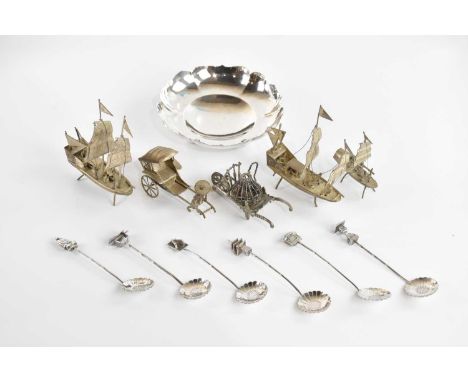 WANG HING; a Chinese 90 grade silver footed dish, six Chinese white metal spoons, combined approx 4.4ozt/138g, and Chinese wh