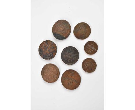 Eight bronze tokens/coins including a Russian five kopeks, further Russian Imperial coins, etc (8)
