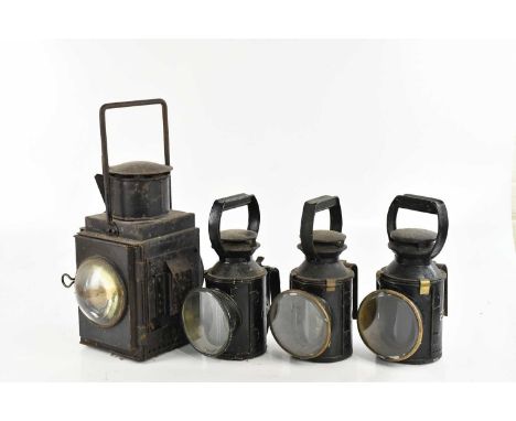 RAILWAYANA; three British Rail signal lamps, each with red, blue and clear glass filters, height 28cm, and a larger British R