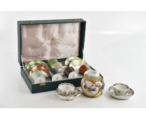 MINTON; a 'Brogade' pattern set of cased cups and saucers, an 18th century fluted tea bowl and saucer, probably Worcester, a 