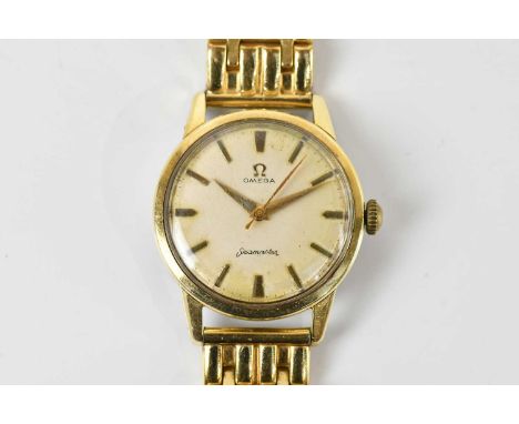 OMEGA; a gentleman's vintage 'Seamaster' wristwatch, with baton markers to the dial, seahorse logo to the stainless steel bac
