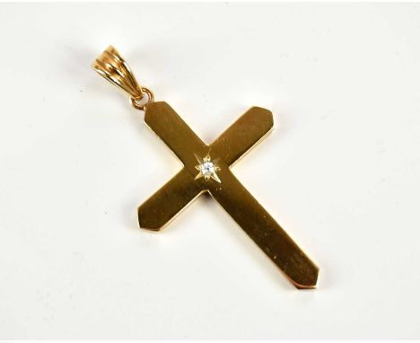 A 9ct yellow gold cross pendant centred with an old cut diamond, length including bail 58mm, combined approx 15.1g.Condition 