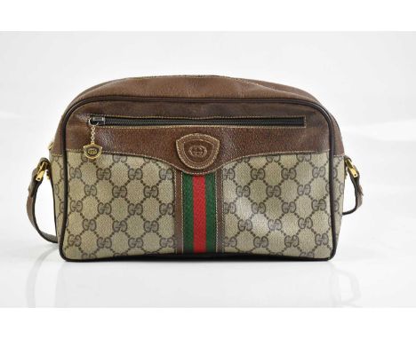 GUCCI; a vintage coated canvas and leather Ophidia brown GG shoulder bag, with green and red canvas detail, gold tone hardwar