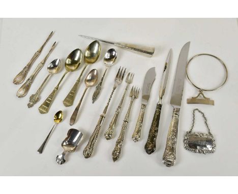 A group of sterling, hallmarked silver, and silver handled flatware including a Britannia standard caddy spoon by Levi &amp; 