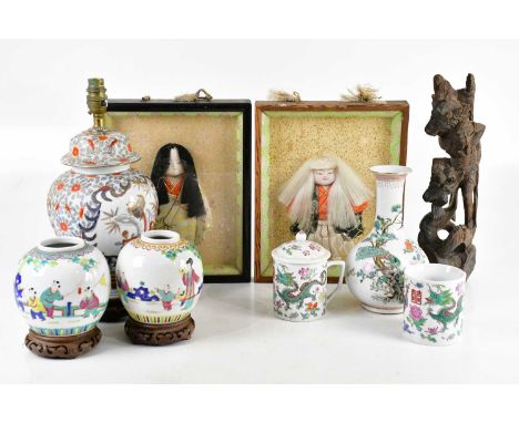 A small collection of Famille Rose inclusing vase, ginger jars and mugs, with a converted lamp, 39cm, two famed kabuki dancer