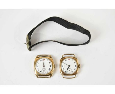 Two 9ct gold cased manual wind wristwatches, both with white enamel dials set with Roman numerals and subsidiary dials, combi