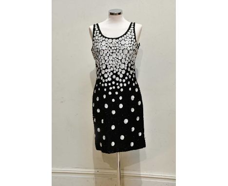 AFTER SIX BY RONALD JOYCE; a vintage black beaded sequin short dress embellished with a white floral sequin design, round nec