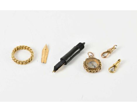 A 9ct gold cased fob compass, 18ct yellow gold curb link effect dress ring and an 18ct yellow gold clasp, combined approx app