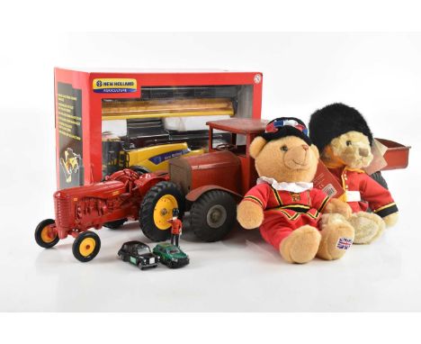 TRI-ANG; a vintage red painted truck and a Britains New Holland CR9080 Combine Harvester, two teddy bears and a tractor (5).