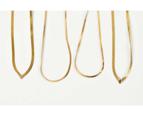 Two 9ct yellow gold light flat link bracelets and two similar necklaces, combined approx 4.3g (4).
