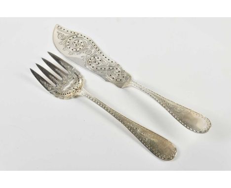 A pair of Victorian hallmarked silver fish servers, with chased and pierced decoration, Newcastle 1869, combined approx 8.3oz