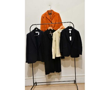 CEFINN; a navy blue lined single-breasted blazer, with single button closure to front, size 16, a Calvin Klein wool knee leng