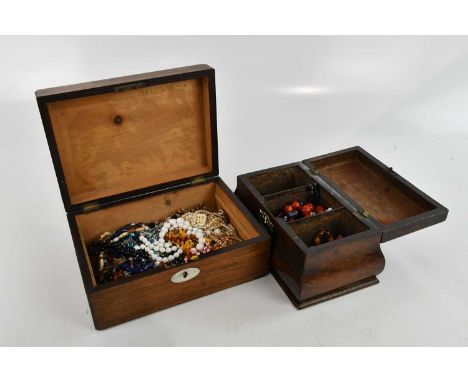 A George III mahogany tea caddy, with brass swan neck handle, width 25cm, a Victorian work box containing assorted costume je