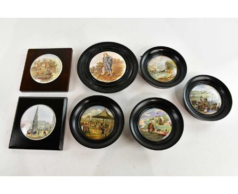 F. R. PRATT; seven Prattware pot lids, including 'Rifle Contest, Wimbledon 1868', 'Walmer Castle' etc, each framed (7).