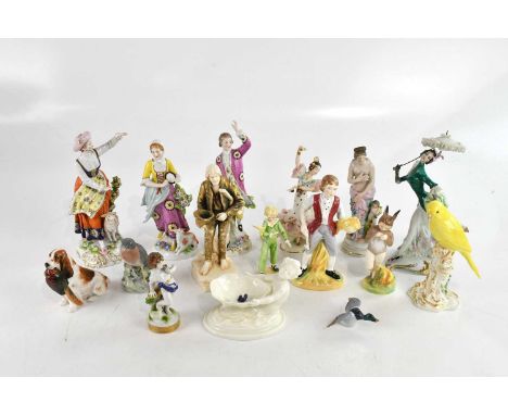 A collection of late 19th century and later Continental and English figures including Royal Worcester 'Little Parakeet', Roya