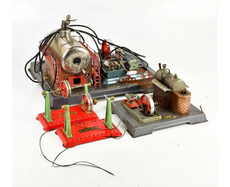WILESCO; a stationary engine (converted to electricity), two MAMOD stationary engines, and a further engine on wooden base.