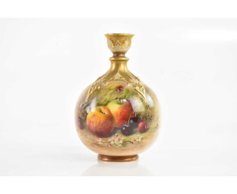 WILLIAM RICKETTS FOR ROYAL WORCESTER; a hand painted vase, decorated with fruit, height 14cm.