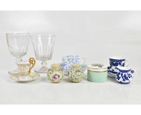 A small collection of ceramics including a Royal Worcester lidded jar, blue and white transfer teacup, saucer and cream jug e