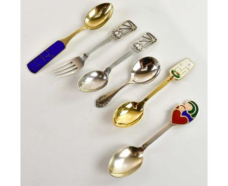 ANTON MICHELSEN; a Danish silver knife and fork, the handles with enamel decoration depicting fruit, a Danish silver caddy sp