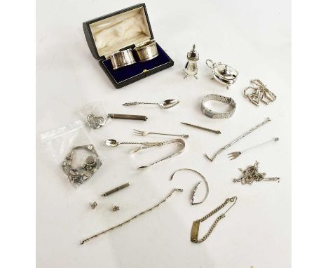 W S SAVAGE &amp; CO; a pair of Victorian hallmarked silver sugar tongs, hallmarked silver pepperette, lidded mustard, two hal