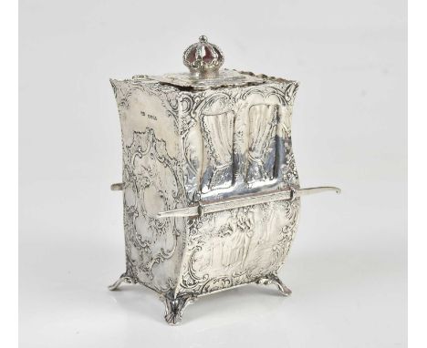 JOHN GEORGE PIDDINGTON; a hallmarked silver Edward VII tea caddy in the form of a sedan chair, London 1904, approx 7.07ozt/22
