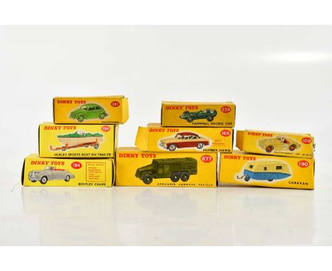 DINKY TOYS; eight boxed diecast vehicles/models including 109 Austin-Healey 100 Sport, 194 Bentley Coupe, 181 Volkswagen, etc