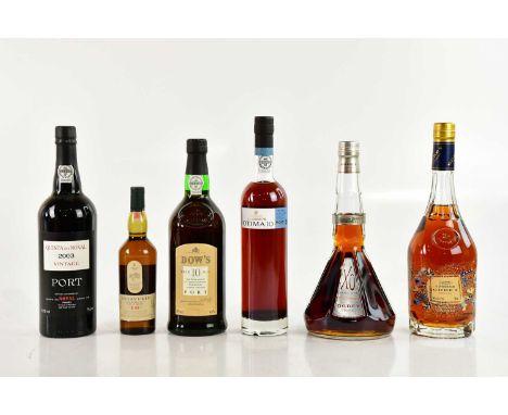 MIXED SPIRITS; a collection of mixed spirits including Dow's 10 year old 20%, 75cl, a single bottle Quinta Do Nova 2003 vinta